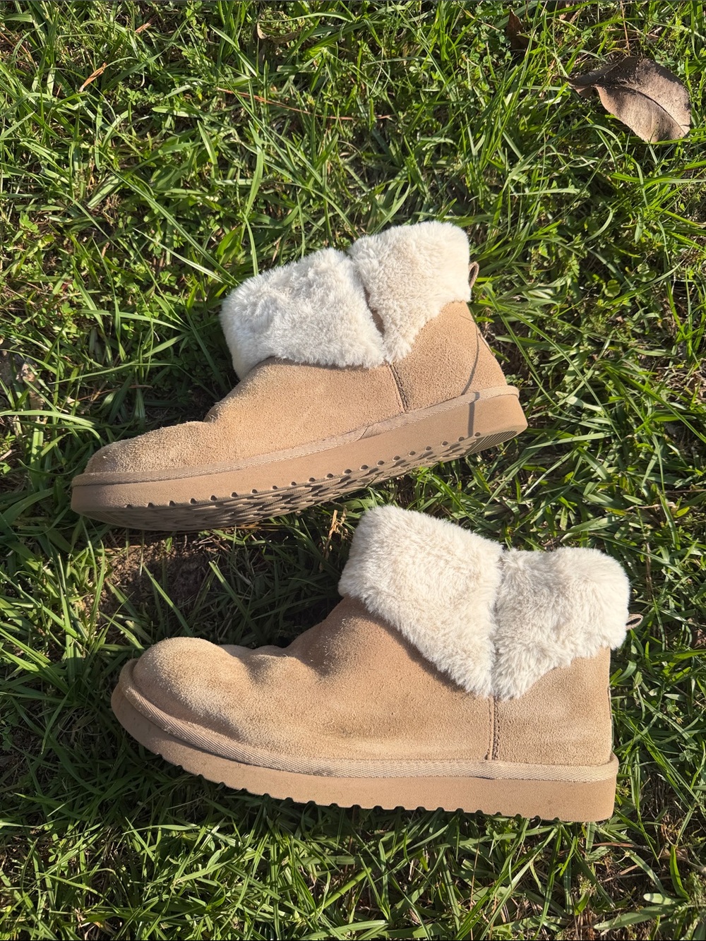 Koolaburra Tan Suede Fold-Over Shearling Ankle Boots